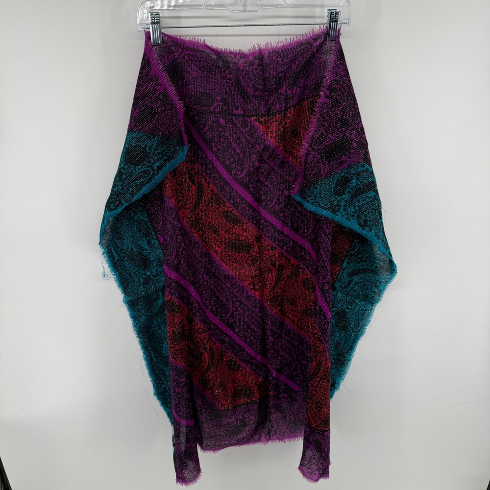 Vintage Oscar de la Renta Wool Metallic Paisley Scarf Purple Teal 33x33 Luxury‎